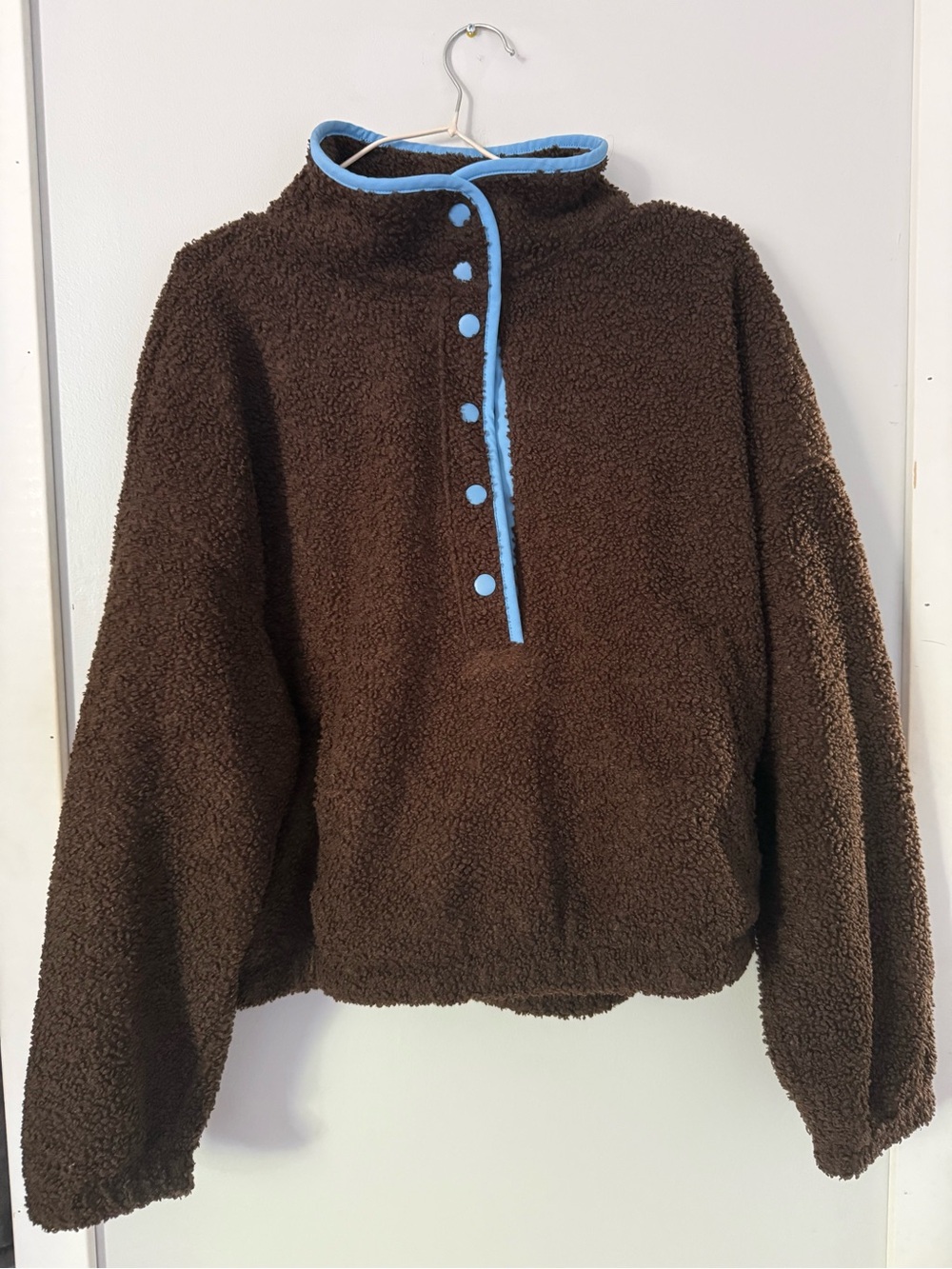 American Eagle Outfitters Brown Sherpa Pullover with Light Blue Trim